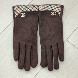 Chanel Wool And Rabbit Blend Brown Wool Gloves with Plaid Trim